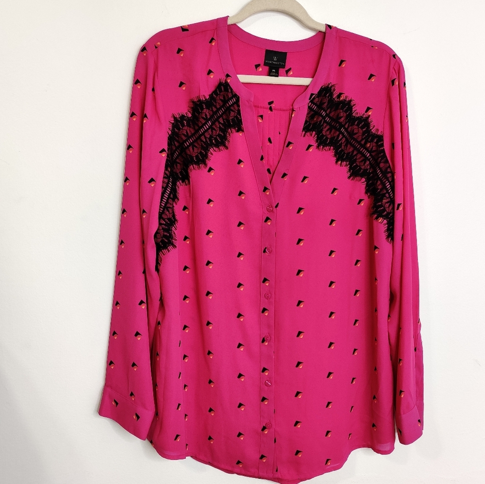 Worthington Fuschia Pink Print Lace Blouse EUC sz XL